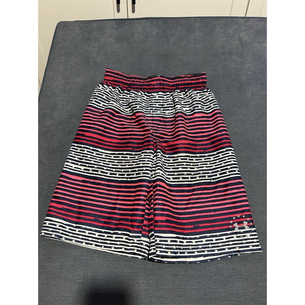 Under Armour Boys Swim Trunks YMD Red White Blue Patriotic USA Flag Board Shorts